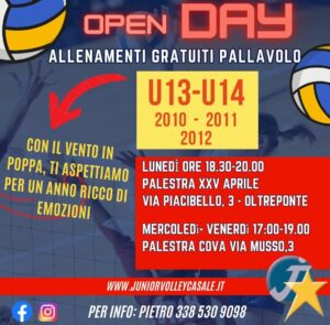 OPEN DAY –  Under13 e Under14 – da LUNEDI 11 SETTEMBRE 2023